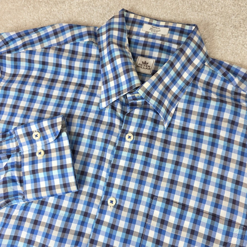 Peter Millar Button Down Shirt Mens Medium Blue Grey Check Cotton Long Sleeve